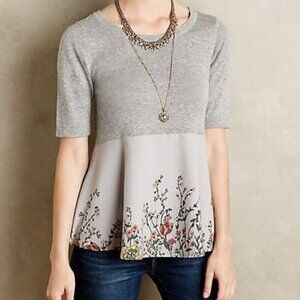Anthropologie Moth Grey Peplum Short Sleeve Sweater with Floral Pattern Small